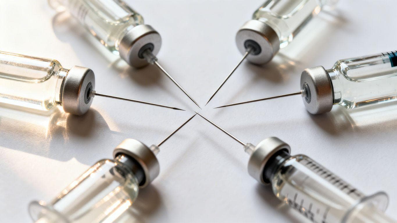 Peptide vials and syringes on a clean surface.