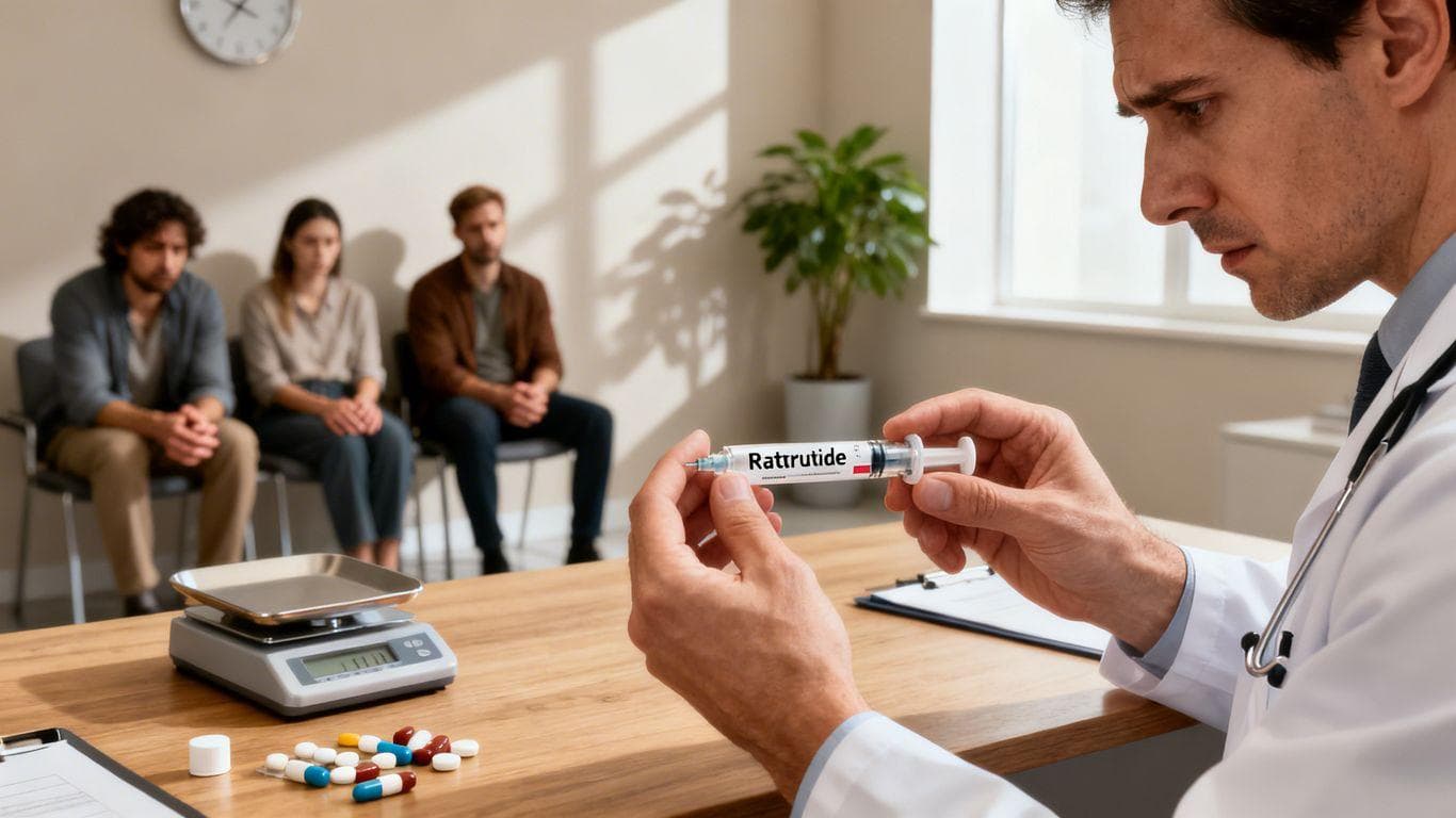 Doctor holding Retatrutide with worried patients in clinic