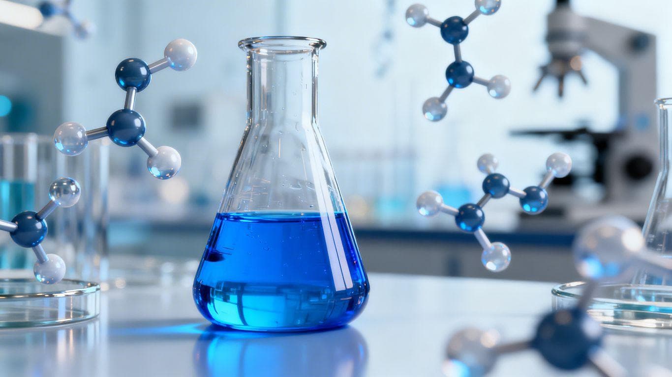 Laboratory peptide research with blue molecular structures