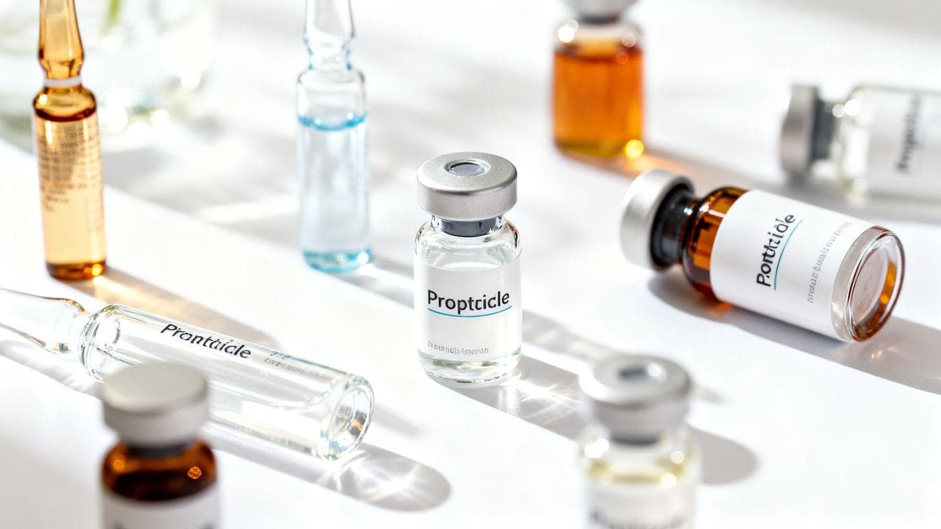 Peptide vials and bottles on a bright surface.