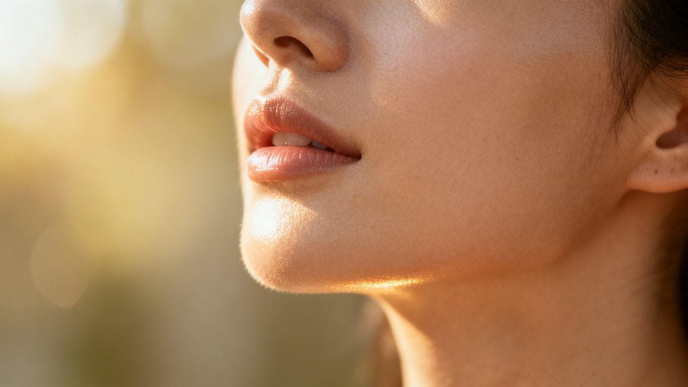 Healthy, glowing skin texture with soft lighting.