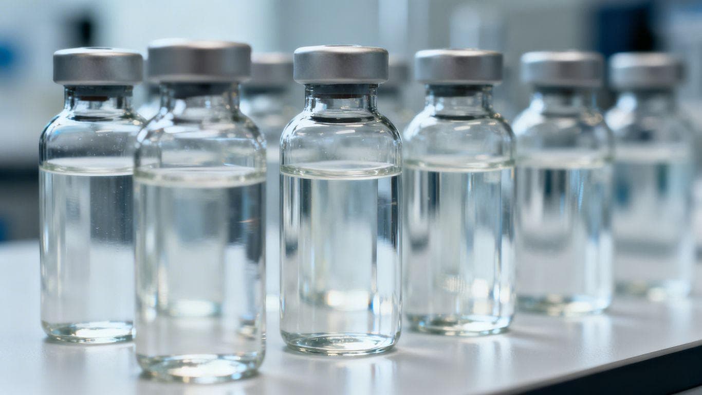 Vials of clear liquid on a lab bench.