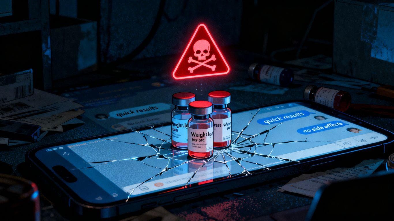 Illegally sold weight loss drug with a warning symbol.
