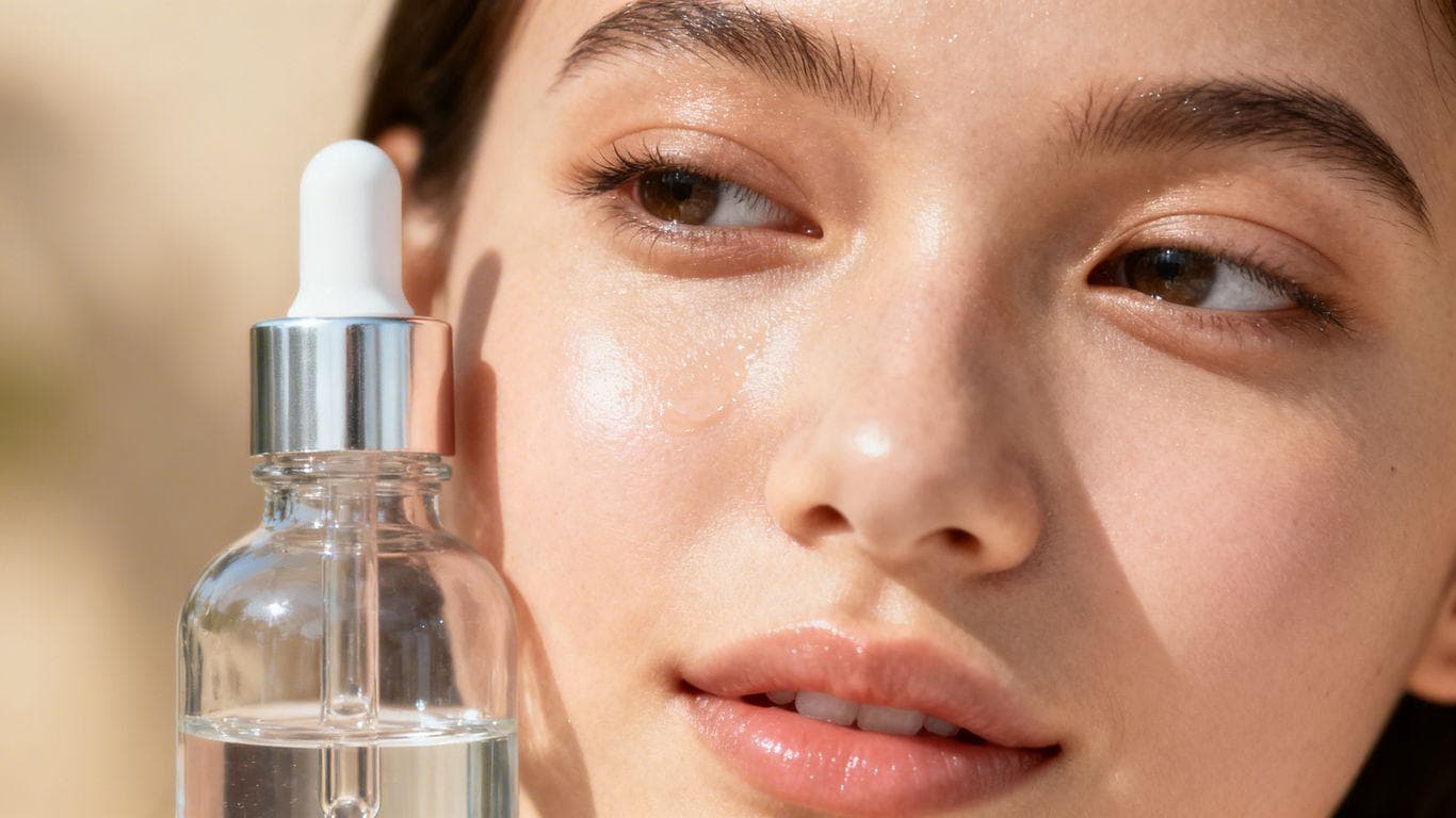 Woman's glowing skin with GHK-CU peptide serum bottle.