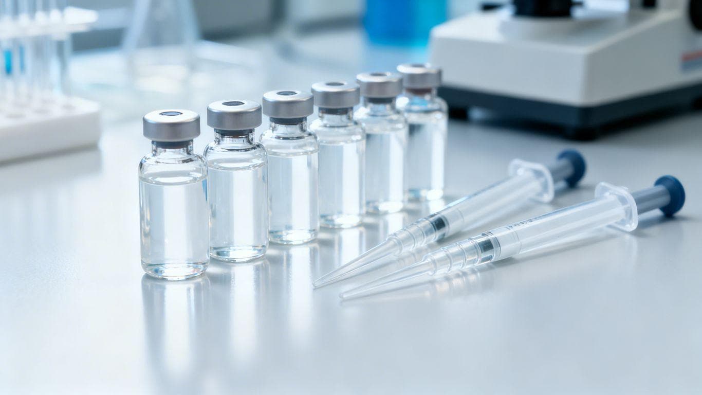 Peptide research lab with vials and equipment.