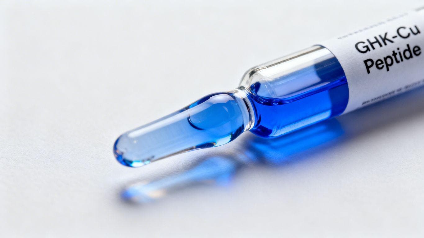 GHK-Cu peptide vial with blue liquid.
