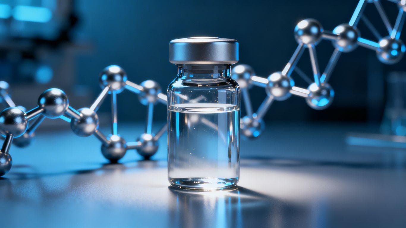 Retatrutide peptide vial with scientific background.