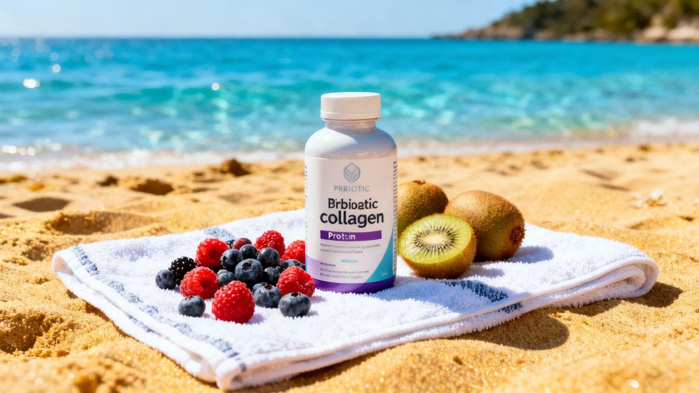 Australian beach with prebiotic collagen protein bottle.