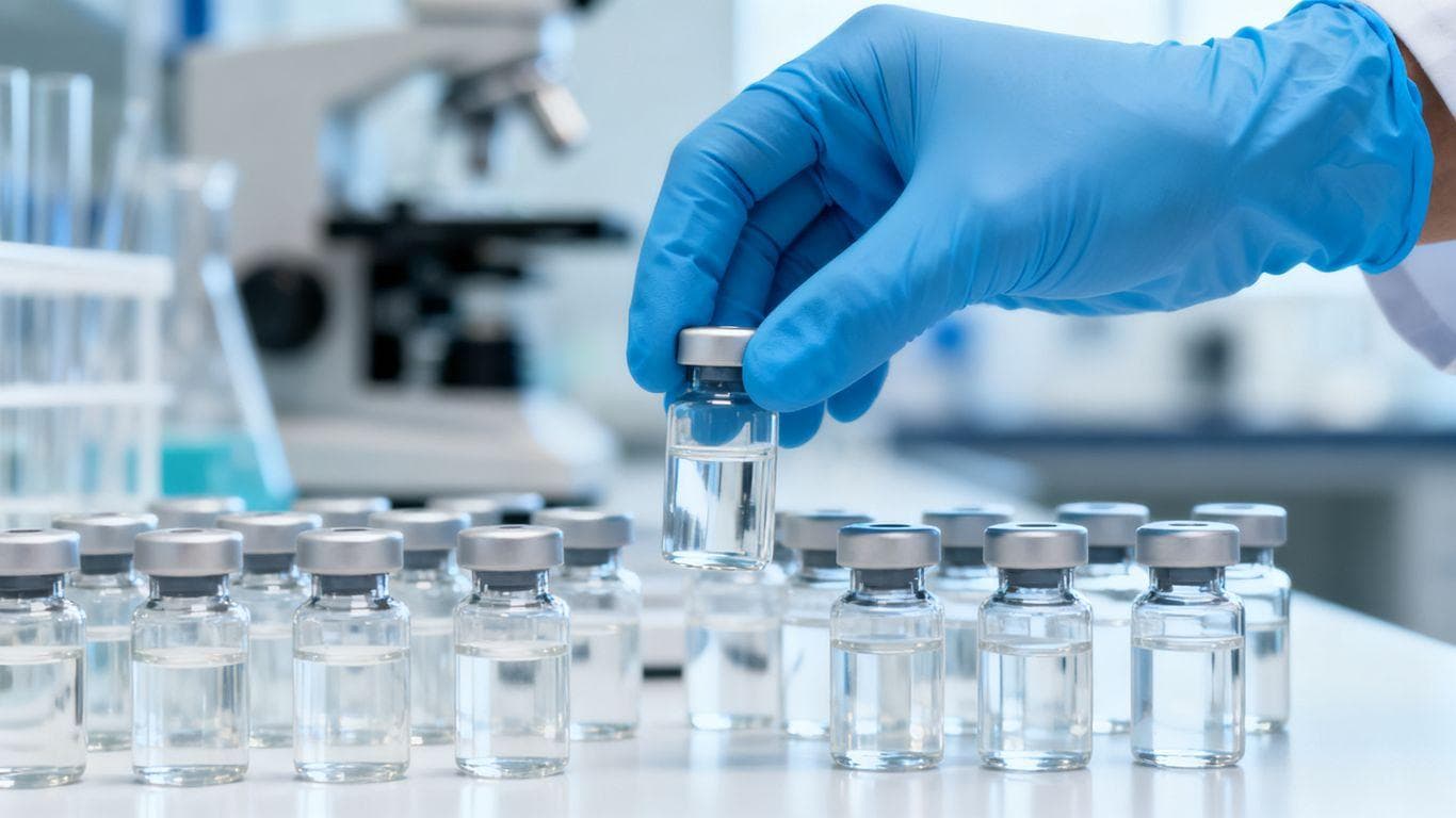 Laboratory vials and scientific equipment for peptide sourcing.