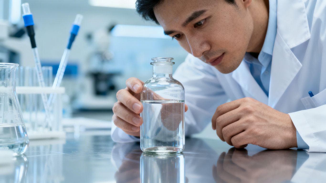 Chemist inspecting bacteriostatic water vial in a lab.