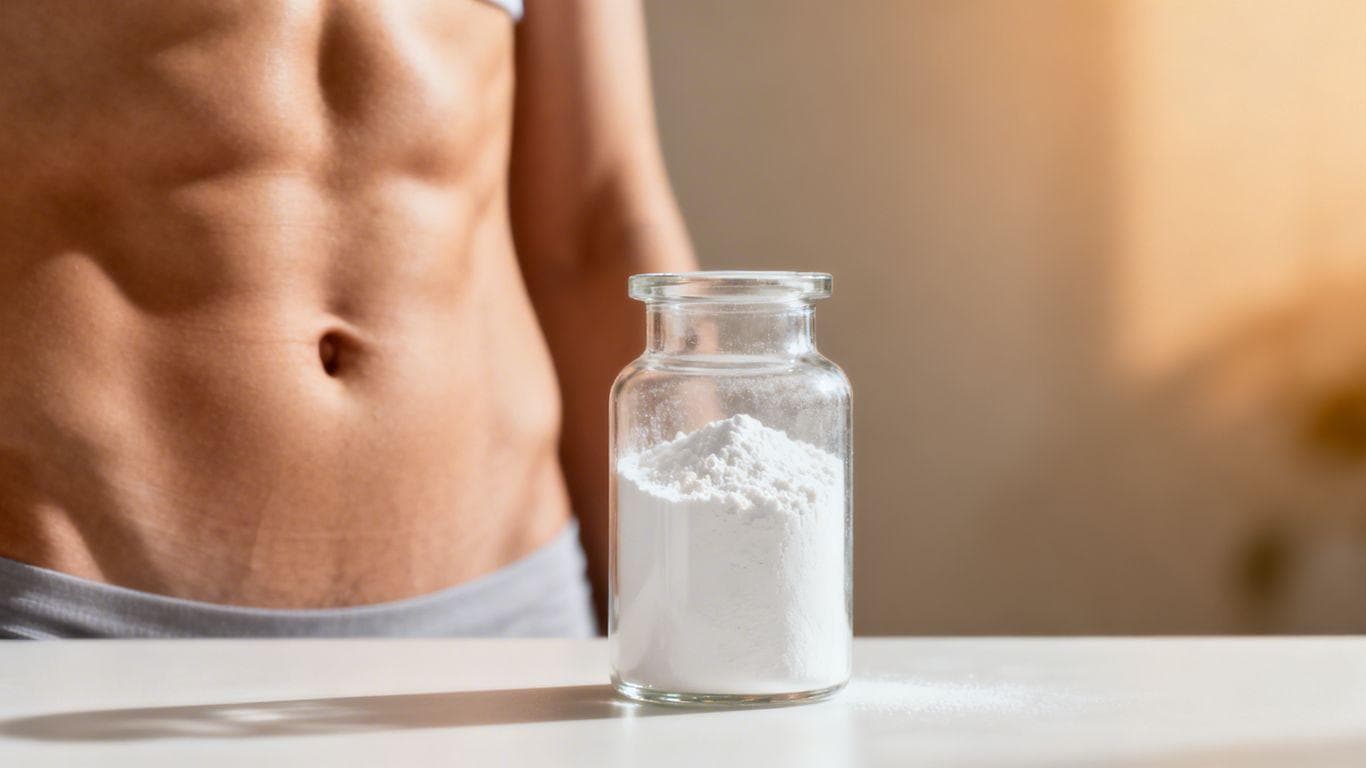 Tesamorelin peptide vial and toned abdomen for fat loss.