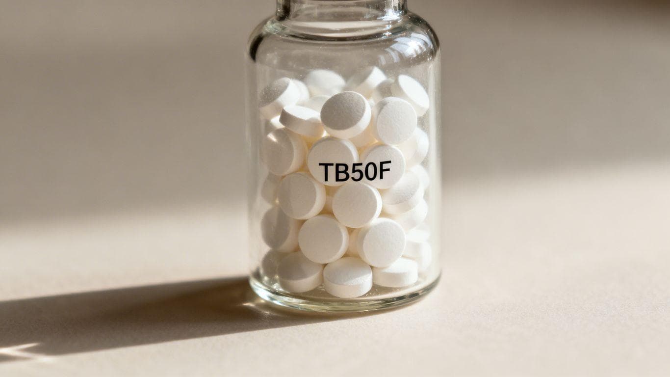 TB500 tablets in a clear bottle.