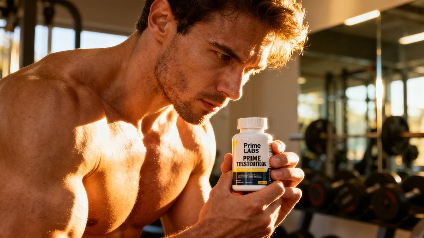 Man holding Prime Labs testosterone booster bottle in gym.
