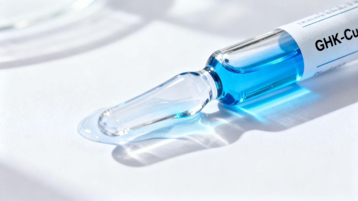 Vial of blue GHK-Cu peptide solution.