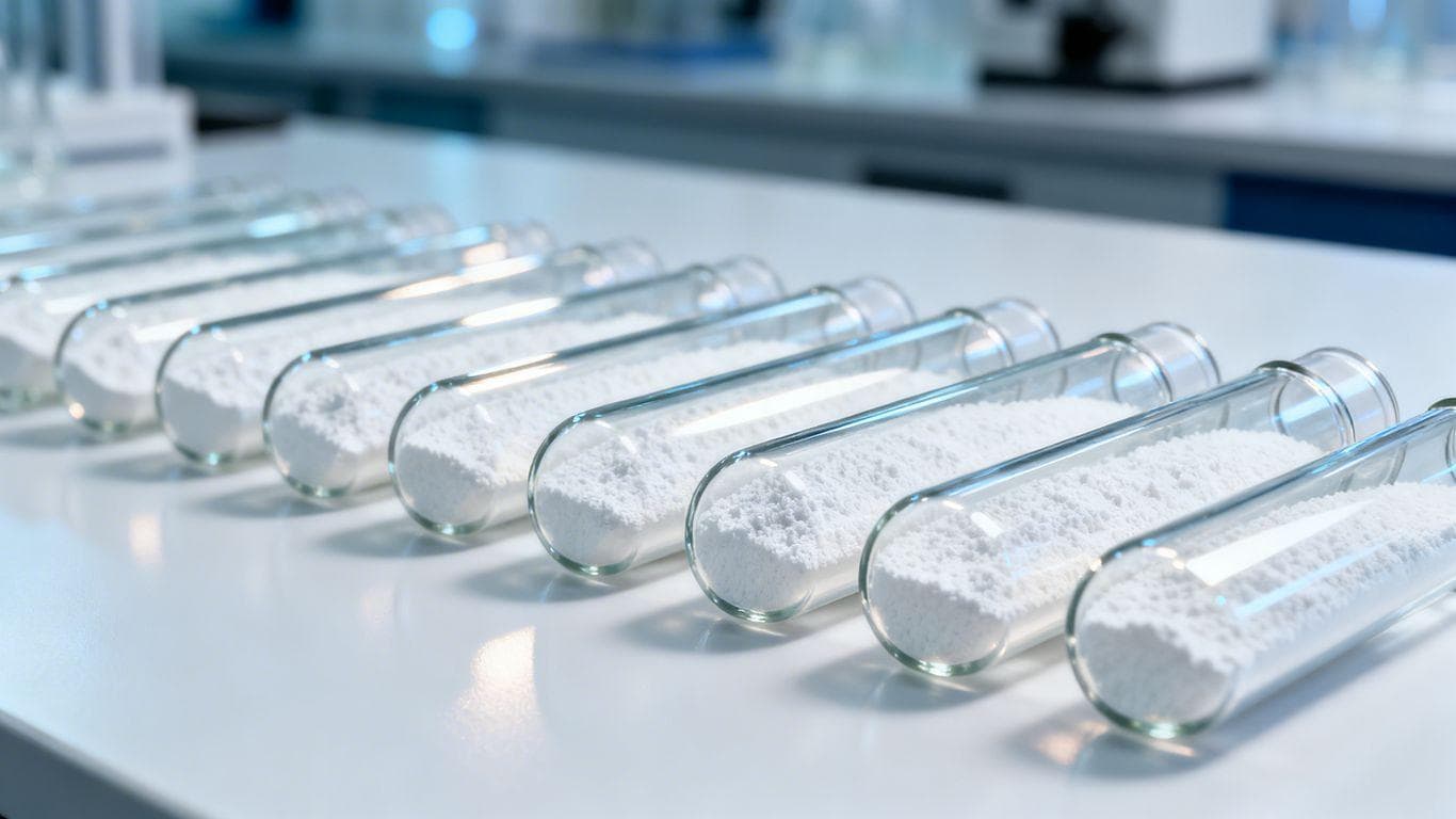 Vials of white peptide powder in a lab setting.