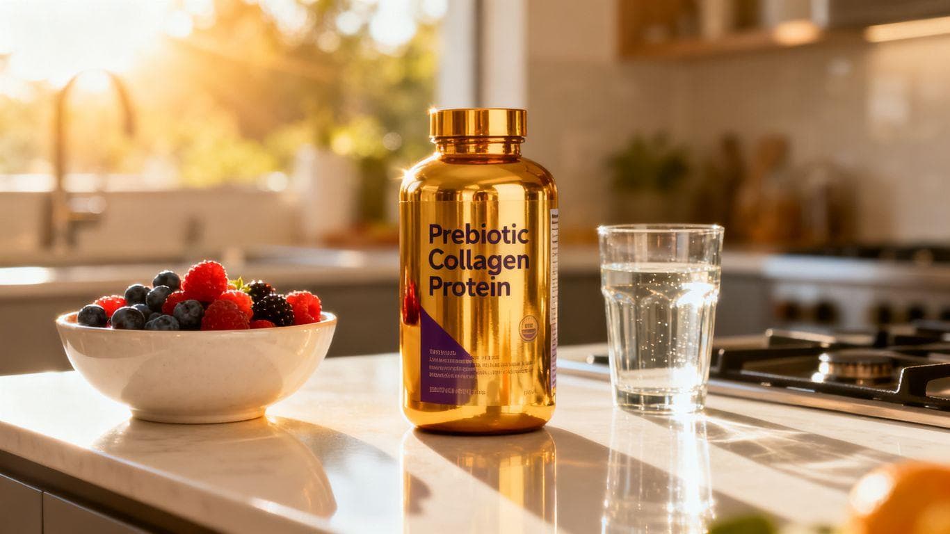 Prebiotic collagen protein bottle with berries and water.