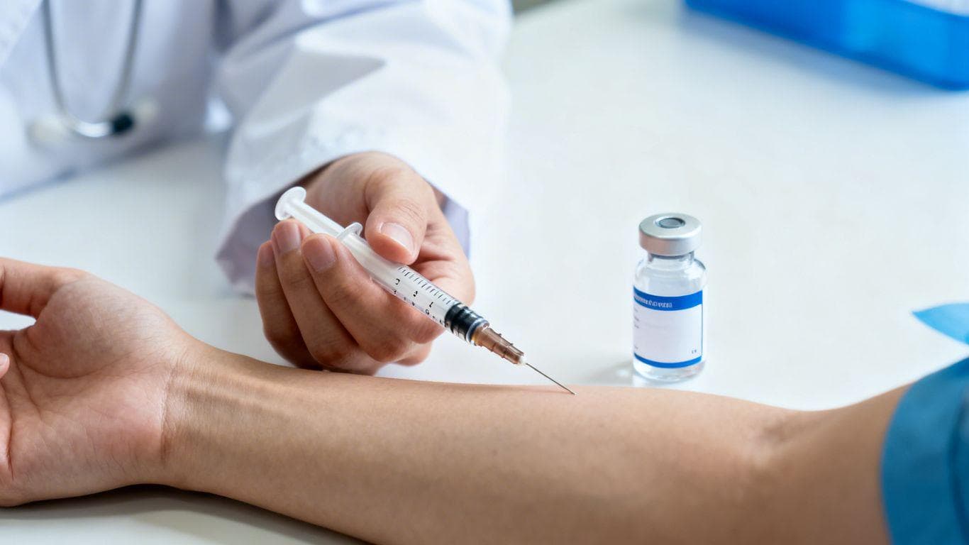Person receiving a medical injection with a syringe.