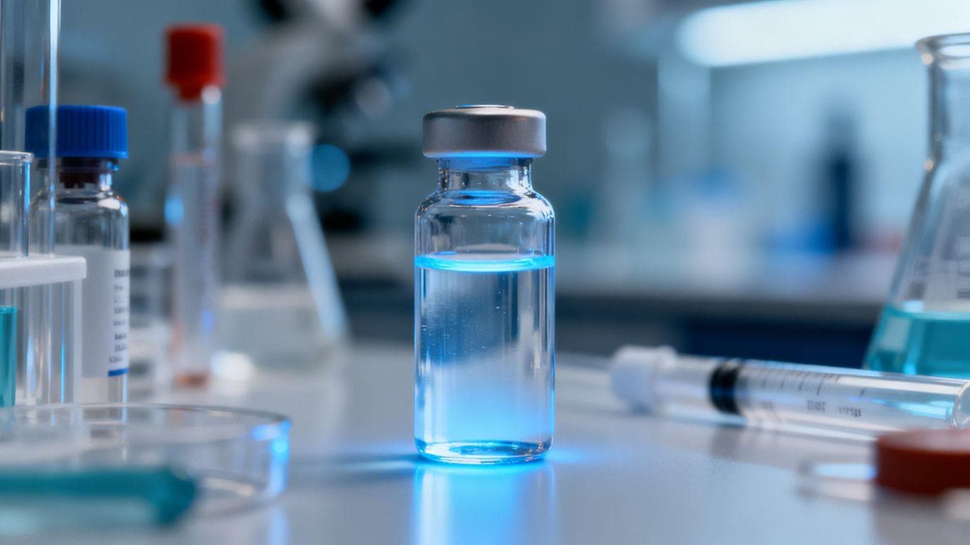 Peptides Direct review with vials and lab equipment.