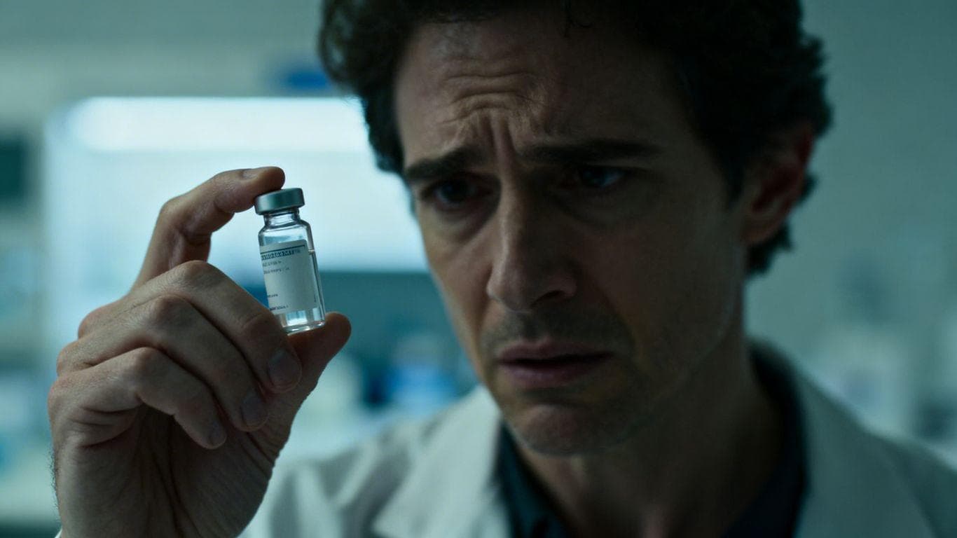 Person holding vial, concerned expression, medical setting.