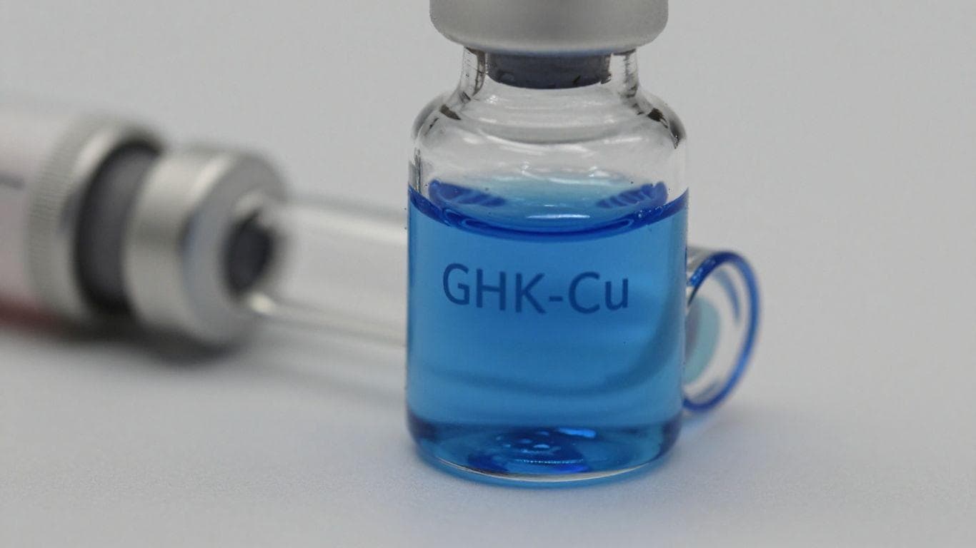 Vial of blue GHK-Cu liquid in Australia