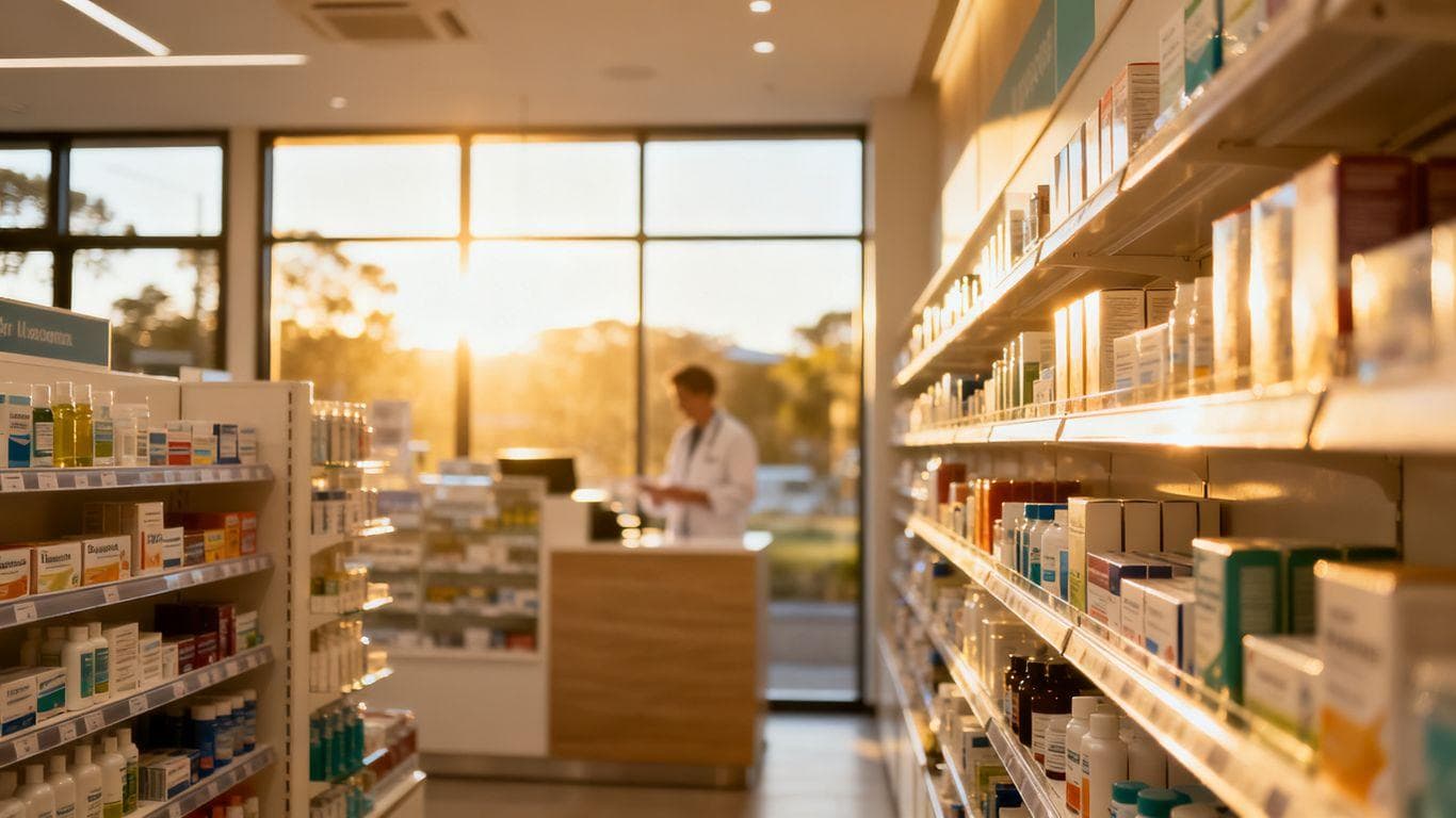Australian pharmacy interior with health products and pharmacist.