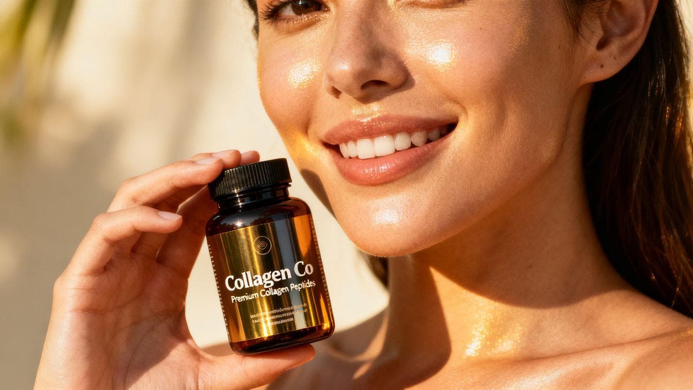 Woman with glowing skin holding collagen peptides bottle.