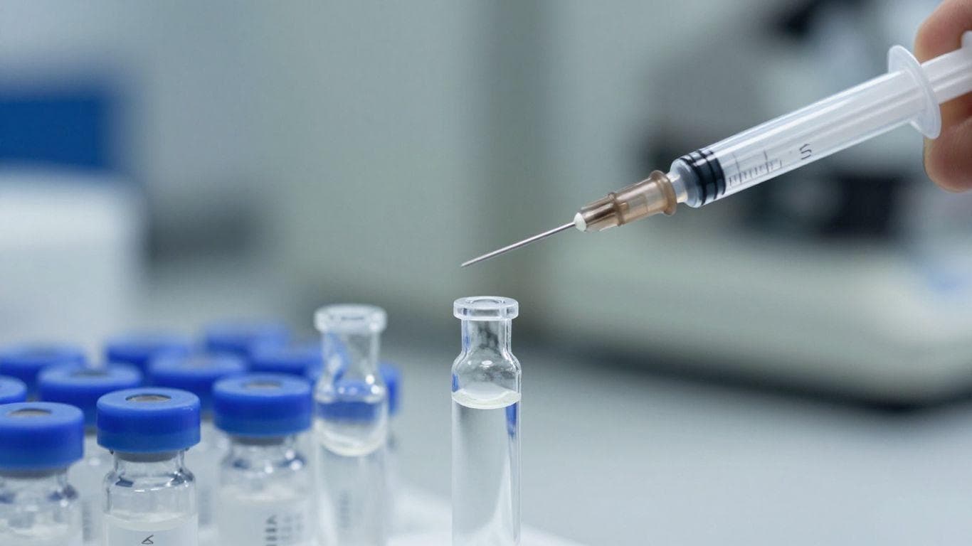 Peptide vials and syringe in a lab setting.