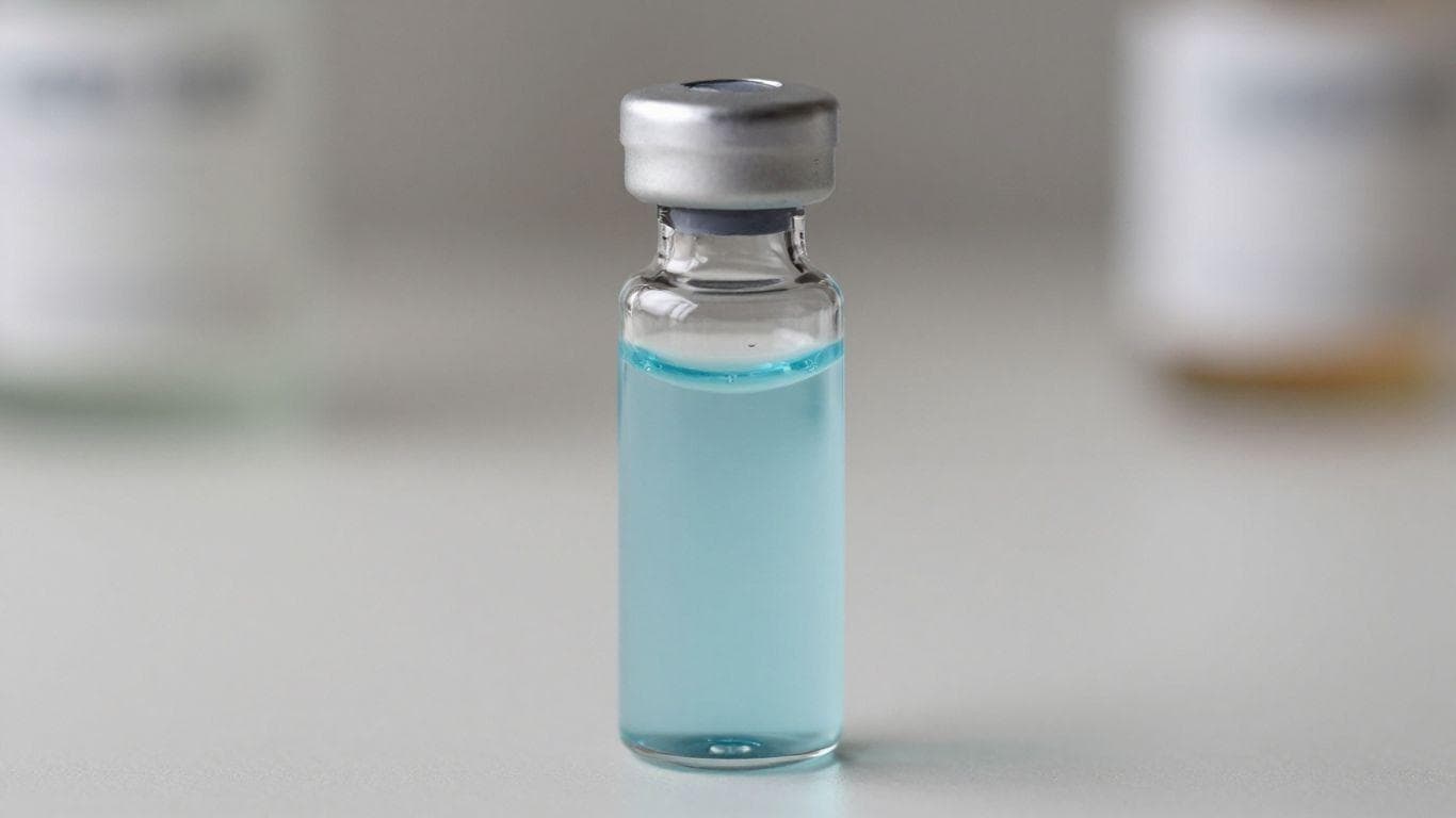 GHK-CU peptide vial with blue liquid.