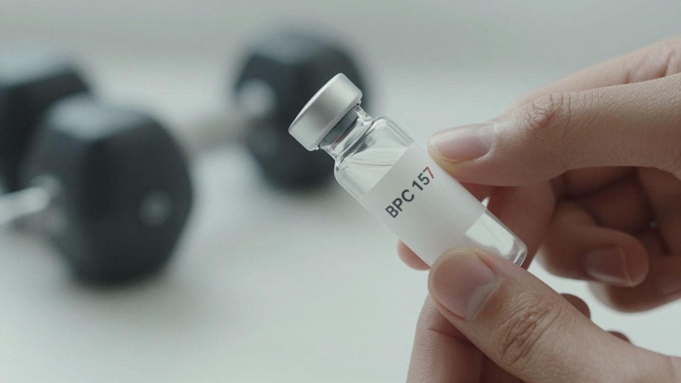 BPC 157 vial and dumbbell for recovery
