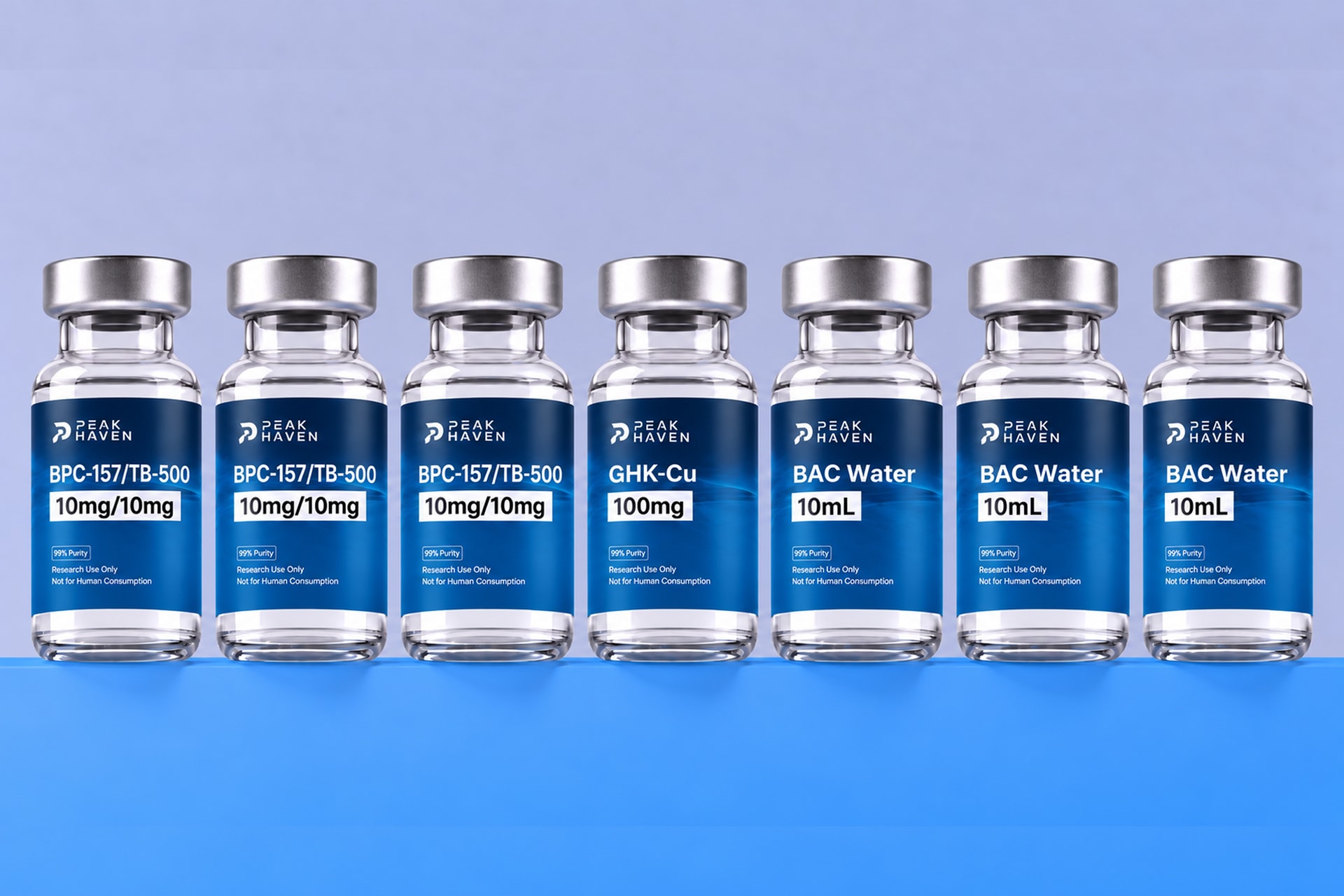 The Complete Recovery Protocol artwork: three BPC-157 / TB-500 vials labelled 10mg/10mg, one GHK-Cu 100mg vial and three BAC water 10mL vials.
