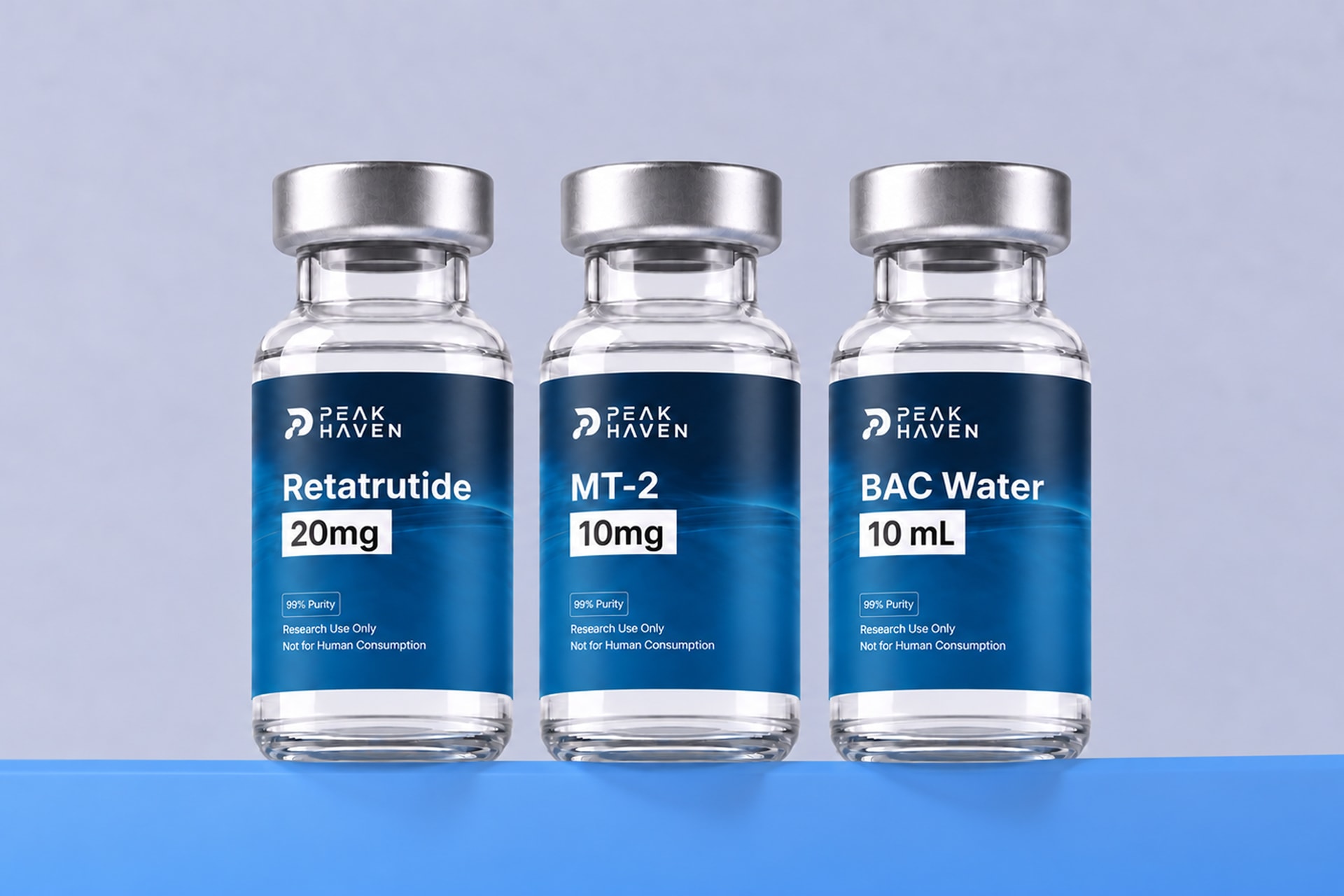 The Glow & Lean Stack: Retatrutide 20mg, MT-2 10mg and BAC water 10mL vials.