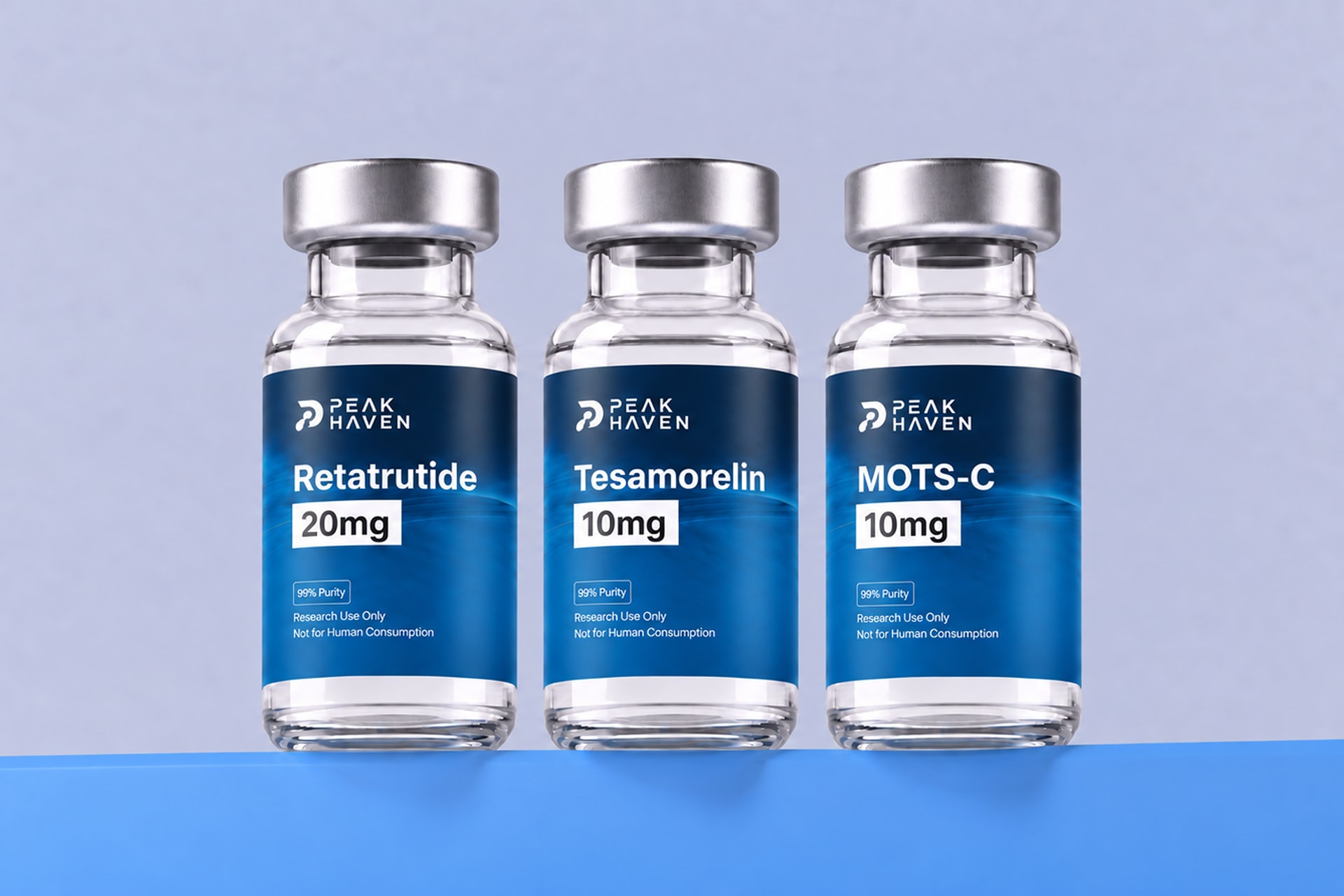 The Ultimate Cut Protocol: Retatrutide 20mg, Tesamorelin 10mg and MOTS-c 10mg vials; included BAC water is not pictured.